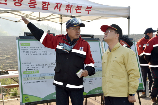 신원섭(사진 왼쪽에서 두번째) 산림청장이 산불발생지역을 지켜보면서 산불진화상황을 파악하고 있다. 사진제공=산림청