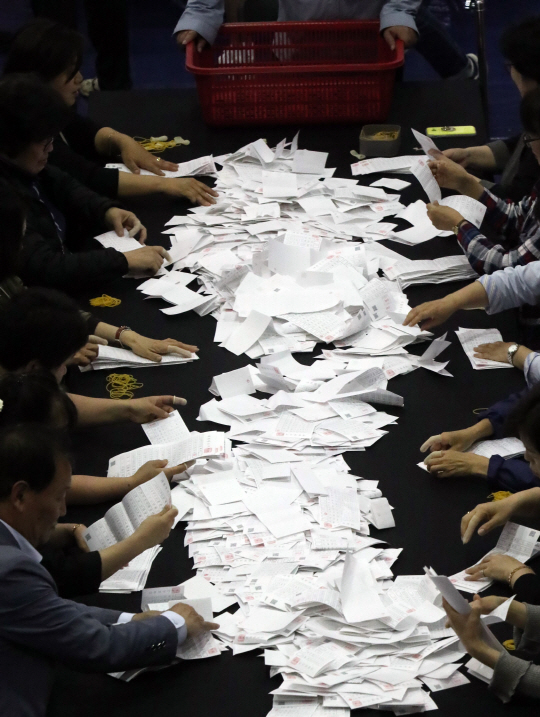 9일 오후 서울 종로구 경복고에 마련된 19대 대통령 선거 개표소에서 개표 작업이 한창 진행되고 있다.
