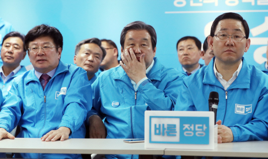 9일 오후 서울 여의도 바른정당 당사에서 김무성 선대위원장 등이 출구조사 결과를 보며 침울한 표정을 짓고 있다.