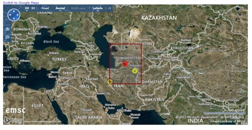 이란 지진 발생 지점[유럽지중해지진센터(EMSC) 캡처]