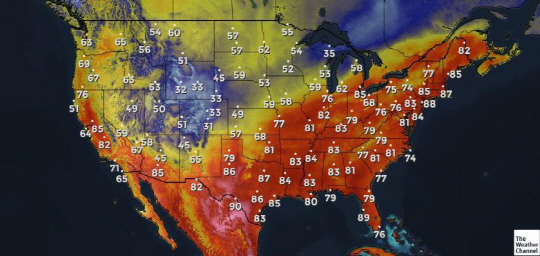 18일(현지시간) 기온(화씨) 예보. 붉은색에 가까울 수록 기온이 높다./더 웨더채널