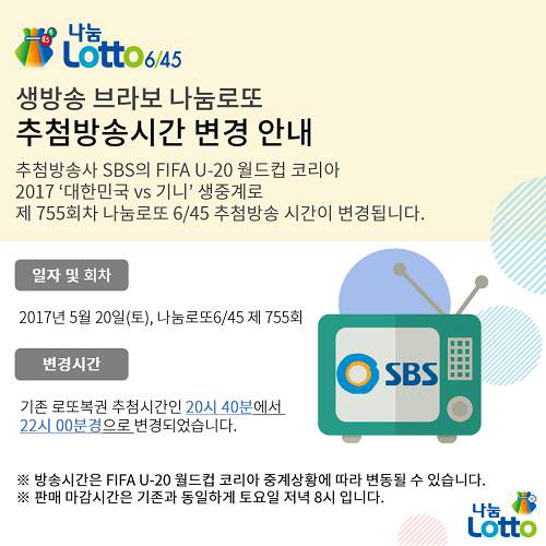 755회차 로또 추첨 생방송, 오후 10시경으로 변경…U-20 여파