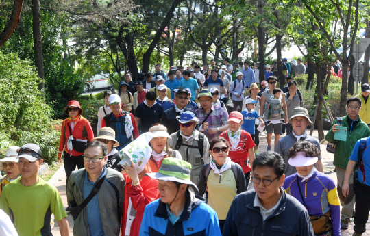 달팽이 마라톤 참가자들이 남산 산림숲길을 걷고 있다.