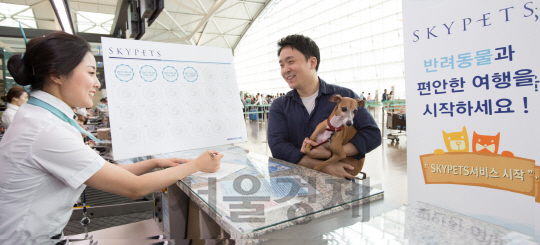 인천공항 탑승수속 카운터에서 대한항공 승객이 반려동물 동반 여행객을 위한 스카이펫츠에 대한 설명을 듣고 있다./사진제공=대한항공
