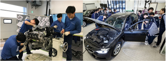 (왼) 벤츠코리아의 차량 정비 전문가 양성 프로그램 ‘AMT’ 교육 모습. (오) BMW그룹 코리아가 시행 중인 ‘영엔지니어 프로그램’ 현장.