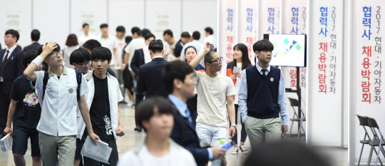 29일 오전 서울 삼성동 코엑스에서 열린 ‘2017 현대 기아자동차 협력사 채용박람회’에서 구직자들이 부스를 둘러보고 있다. /송은석기자