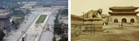 차로에 갇힌 현재의 광화문광장(왼쪽)과 해태상·월대가 보이는 1900년대 광화문광장. /서울경제DB