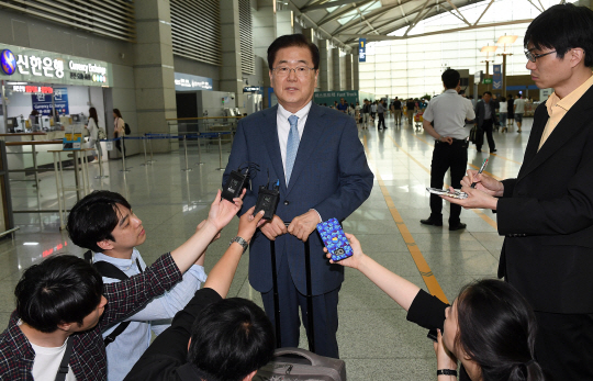 정의용 청와대 국가안보실장이 1일 한미 정상회담 준비차 미국 워싱턴으로 떠나기에 앞서 인천공항에서 기자들의 질문에 답하고 있다.  /영종도=이호재기자