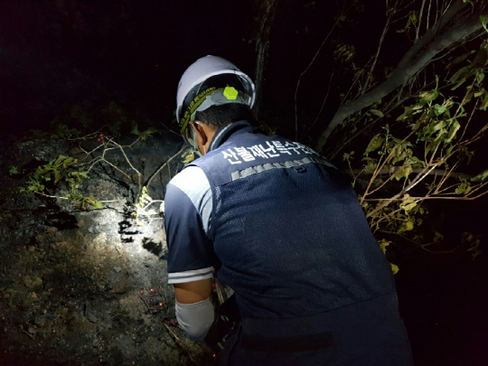 산불재난특수진화 대원이 서울 노원구 상계동 수락산에서 밤새 잔불 정리 작업을 하고있다. 사진제공=산리청