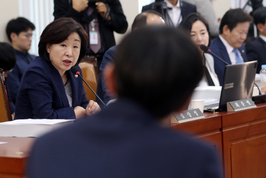 정의당 심상정 대표가 2일 오전 서울 국회에서 열린 김상조 공정거래위원장 후보자 인사청문회에서 질의를 하고 있다./연합뉴스