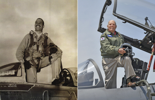 6·25전쟁 때 100회 출격하며 전공을 세워 ‘불사조’로 불린 유진 메츠링 미국 예비역 공군대령의 당시 모습(왼쪽)과 65년 만에 한국을 다시 찾아 F-15K 전투기 조종석에서 과거를 회상하는 모습. /사진제공=공군