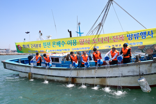 8일 한국수력원자력 고리원자력본부가 기장군 장안읍 월내항에서 열린 ‘제18회 온배수 양식 어패류 방류행사’에서 강도다리 치어 4만미, 전복치패 6만미를 방류했다./사진제공=고리원자력본부