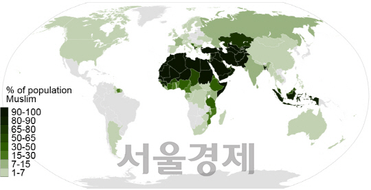 전 세계 이슬람 분포도. 지도의 색이 짙을수록 이슬람 인구가 많다는 의미다. 중동과 북아프리카·중앙아시아·인도네시아 등이 이슬람 국가다. /퓨리서치센터 2014