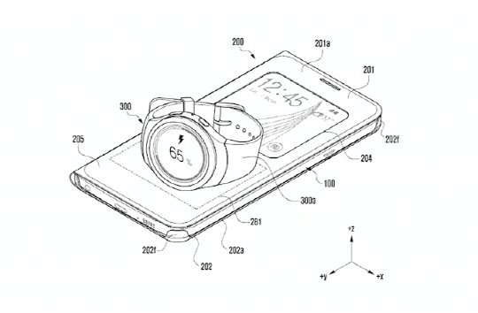 기어S 등 스마트기기를 올려놓으면 무선으로 충전해주는 스마트폰 케이스 특허 이미지./사진=폰아레나