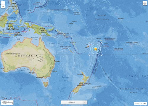 남태평양 통가서 규모 6.2 지진, 진원 깊이는 38.3km