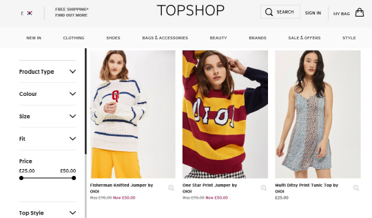 영국 쇼핑몰 탑샵 온라인사이트에 올라와 있는 ‘오아이오아이’의 옷들.