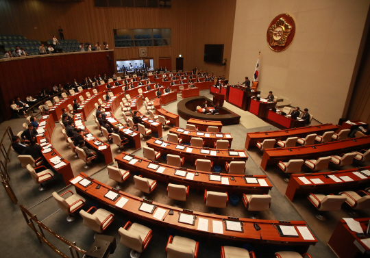 6일 오후 국회 예산결산특별위원회 회의장에 자유한국당과 국민의당, 바른정당 의원들의 자리가 비어있다. /연합뉴스