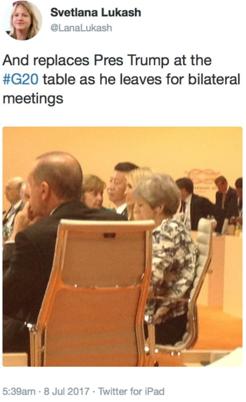 G20 정상회의에 참석한 러시아 인사 스베틀라나 루카시가 트위터에 이방카 트럼프가 아버지 자리에 대리 착석했다며 첨부한 사진 /트위터 캡처