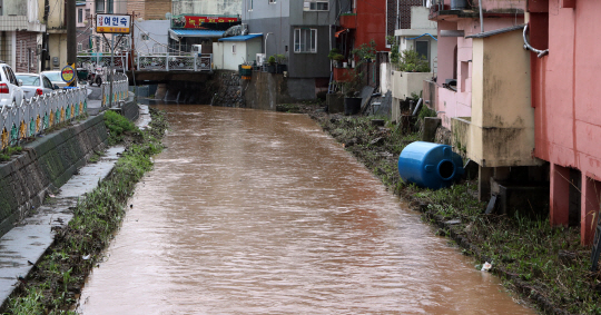 지난 6일 오후 시간당 58㎜의 폭우가 내린 전남 고흥군 도양읍에서 시가지를 가로지르는 하천이 흙탕물로 범람했다. /연합뉴스