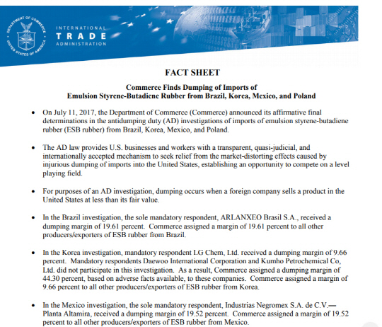 미 상무부의 합성고무 반덤핑관세 결정문. /자료=미 상무부
