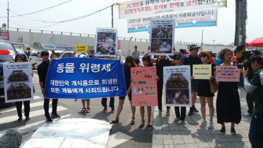 초복인 12일 경기도 성남시 모란시장 정문에서 동물보호단체 회원들이 동물 위령제를 열고 있다.  /박우인기자