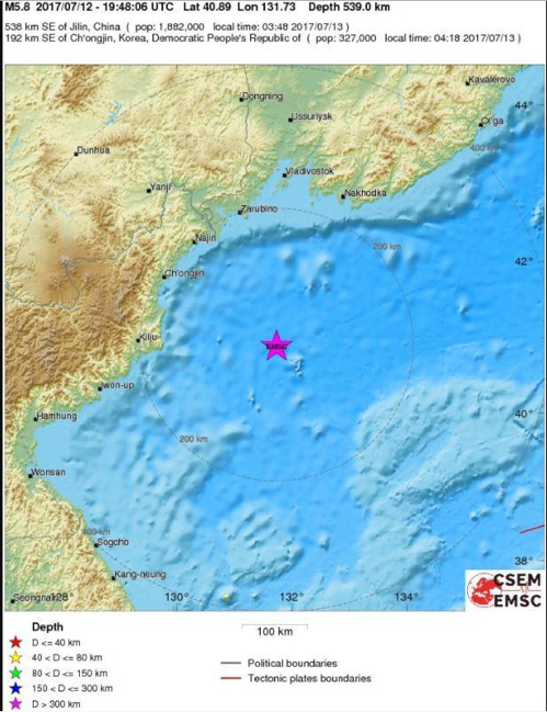 13일 오전 북한 동해상에서 규모 5.8의 지진이 발생했다./출처=유럽지중해지진센터(EMSC) 캡처