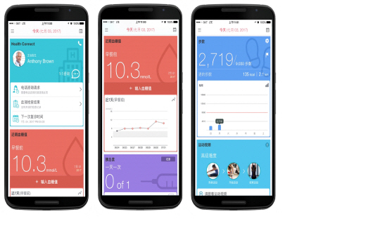 중국에서 서비스되는 헬스온G(HealthOn-G)의 환자용 App 주요화면]