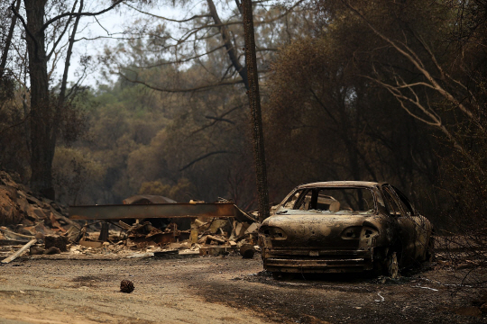 미국 서부 캘리포니아주 디트윌러에서 발생한 산불로 차량 등이 불에 탔다/AFP연합뉴스