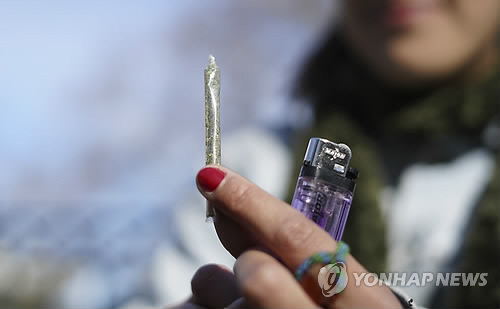 한 우루과이 여성이 구매한 마리화나를 손에 들고 보여주고 있는 모습 /연합뉴스