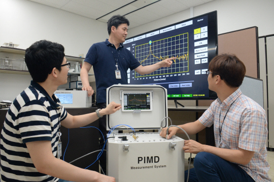 김윤배(왼쪽부터) ETRI 선임연구원, 강규민 책임연구원, 박재철 연구원이 왜곡신호(PIMD) 측정장치를 통해 발견한 왜곡신호 위치 정보를 태블릿PC와 모니터에 연동하여 분석하고 있다./사진제공=ETRI