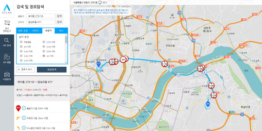 맵퍼스의 화물차 내비게이션이 ‘아틀란 트럭’ 데이터베이스를 기반으로 서울 시내 화물차 경로를 안내하고 있는 화면./사진제공=맵퍼스