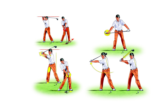 오버스윙을 하면 양손이 일찍 풀려 잘못된 임팩트가 나오기 쉽다(왼쪽). 왼손으로 드라이버 그립, 오른손으로는 헤드 바로 윗부분을 잡고 양팔을 뻗은 채 몸을 최대로 틀어 동작을 멈춘다. 이 상태에서 오른손을 내려 정상적으로 그립을 잡아주면 꼭 맞는 백스윙 자세가 된다. /사진제공=서울경제 골프매거진