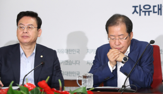 자유한국당 홍준표(오른쪽) 대표가 27일 서울 여의도 자유한국당 당사에서 열린 최고위원회의에서 생각에 잠겨 있다./연합뉴스