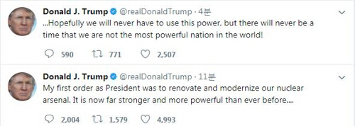 도널드 트럼프 미국 대통령이 강경한 발언을 쏟아낸지 하루만에 트위터로 미 핵능력을 과시하고 나섰다./출처=트럼프 대통령 트위터 캡처