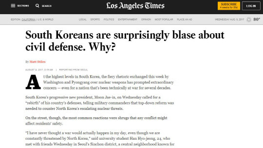 미 일간지인 로스앤젤레스타임스(LAT)는 북한의 연이은 도발과 도널드 트럼프 미국 대통령의 강경 발언에도 한국인들은 놀랍도록 평온한 분위기를 유지하고 있다고 보도했다./출처=로스앤젤레스타임스 홈페이지 캡처
