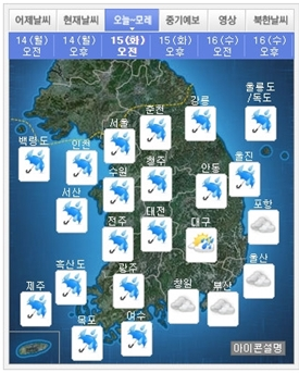 내일날씨, 전국 흐리고 비...수요일까지 강수량 150mm