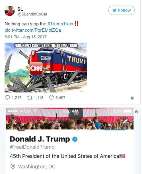 CNN 기자를 기차로 들이받는 삽화를 리트윗한 트럼프 미국 대통령/출처=트위터 캡쳐