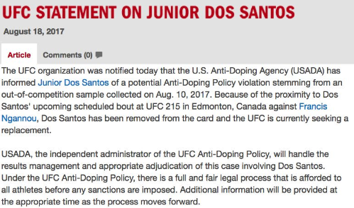 18일(현지시간) UFC 홈페이지에 주니어 도스 산토스의 경기 출장 불발을 알리는 내용이 올라와있다.