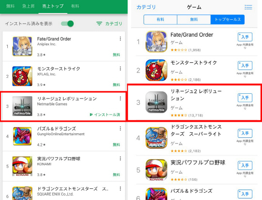 일본에 지난 23일 출시한 넷마블의 리니지2레볼루션이 양대 앱 마켓에서 최고 매출 3위를 기록한 모습/사진제공=넷마블게임즈