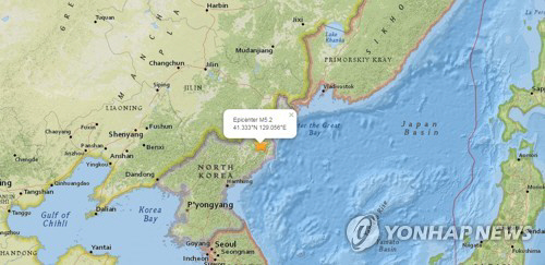 기상청 국가지진화산종합상황실은 3일 오후 12시 36분 북한 함경북도 길주군 북북서쪽 44㎞ 지역에서 규모 5.6의 지진이 발생했다고 밝혔다. 사진은 북한 해당 지역에 표시된 USGS 화면./연합뉴스