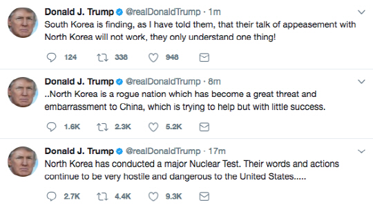 트럼프, 北 6차 핵실험에 “미국에 매우 적대적이고 위협적인 행동”