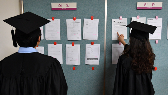 학위수여식을 마친 졸업생들이 학교 내 취업게시판을 바라보고 있다. /연합뉴스