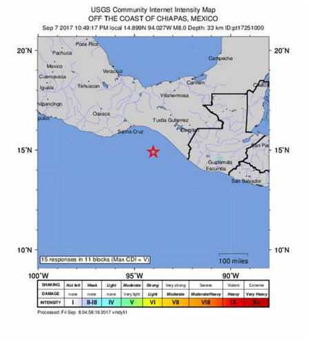 7일(현지시간) 멕시코 치아파스주 지피지아판 연안에서 발생한 지진 진앙지./USGS