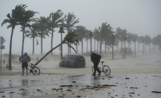 허리케인 ‘어마’가 미국 플로리다주에 상륙한 10일(현지시간) 포트로더데일 해안가에 강풍과 폭우가 몰아치고 있다. /포트로더데일=AP연합뉴스
