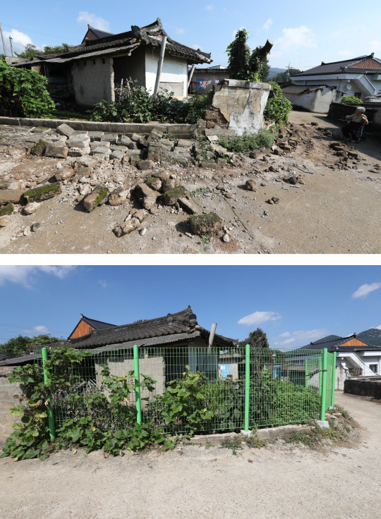 사진은 지난해 피해를 봤던 주택(위)과 12일 오후 복구 후 모습. /연합뉴스