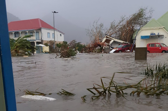 초대형 허리케인 ‘어마’가 강타한 카리브해의 프랑스령 생마틴 섬에 6일(현지시간) 홍수가 발생, 건물이 무너지고 차들이 물에 잠겨 있다. /생마틴=AFP연합뉴스