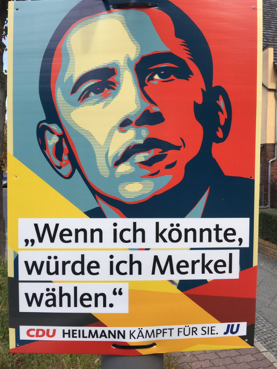 기독민주당(CDU)과 연정 파트너들이 2017년 총선을 위해 배포한 포스터. 버락 오바마 전 미국 대통령의 선거 포스터 ‘호프(hope)’를 참고했다.  /트위터 캡처