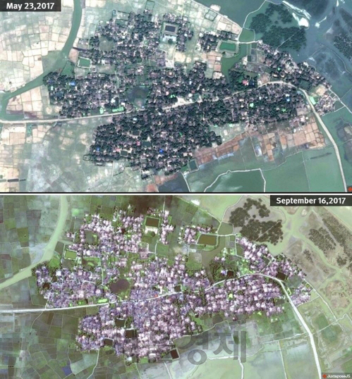 올해 5월 23일과 9월16일 촬영된 한 로힝야 마을의 모습. /휴먼라이트워치 제공=연합뉴스