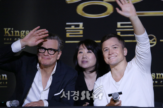 콜린 퍼스와 태런 에저튼이 21일 오전 서울 용산구 CGV 용산아이파크몰에서 열린 영화 ‘킹스맨: 골드서클’ 기자간담회에 참석했다.