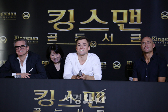 콜린 퍼스, 태런 에저튼, 마크 스트롱이 21일 오전 서울 용산구 CGV 용산아이파크몰에서 열린 영화 ‘킹스맨: 골드서클’ 기자간담회에 참석했다. /사진=지수진 기자